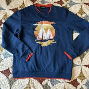 Navy blue double collar crewneck sweatshirt w sailboat embroidery Size M
